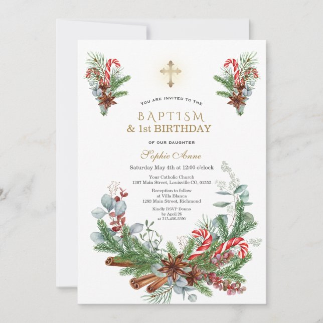 Pine Cinnamon Candy Cane 1st Birthday &  Baptism Invitation (Front)