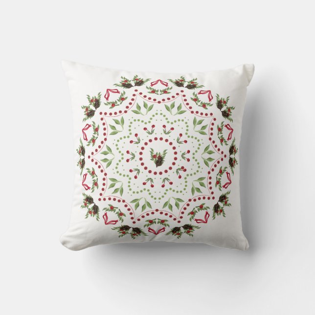 Pine cone and berries Mandala holiday throw pillow (Front)