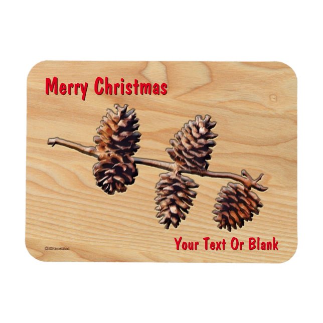 Pine Cone Branch On Wood Magnet (Horizontal)
