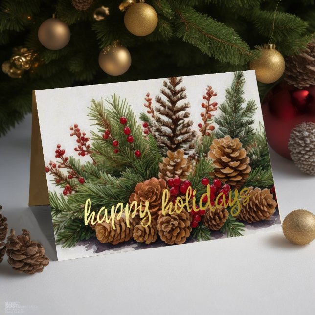 Pine Cone Evergreen Red Berries Rustic Holiday Card (Creator Uploaded)