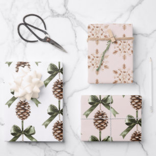 Pine Cone Green Bow Christmas Cream Snowflakes Wrapping Paper Sheet