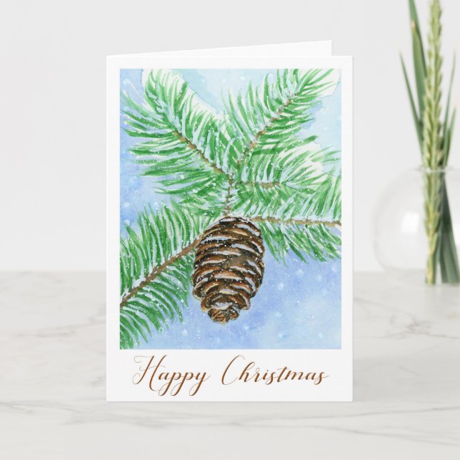Pine Cone Happy Christmas Watercolour Card (Front)