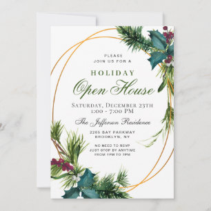 Pine Cone Holly Frame Christmas Holiday OPEN HOUSE Invitation