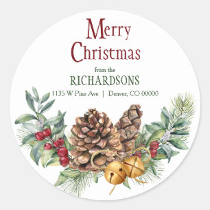 Pine Cone Jingle Bells Christmas Return Address Classic Round Sticker
