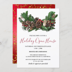Pine Cone & Leaves Christmas Holiday Open House  Invitation
