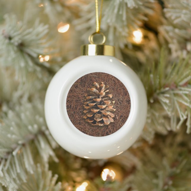 Pine Cone On Fallen Needles Ceramic Ball Christmas Ornament (Tree)