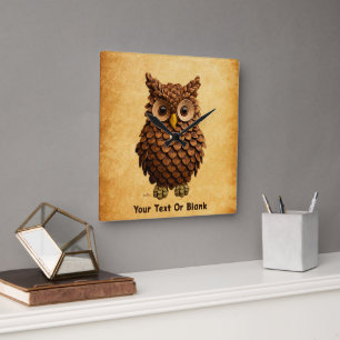 Pine Cone Owl Square Wall Clock