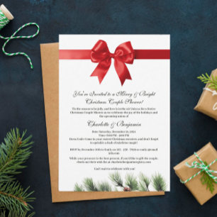 Pine Cone Red Ribbon Christmas Couples Shower  Invitation