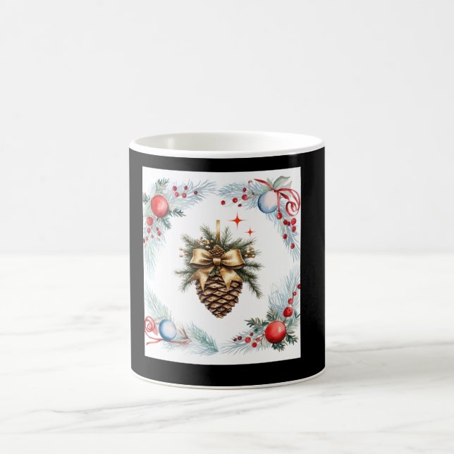 Pine Cone Surrounded By Wreath And Ornaments Coffee Mug (Center)