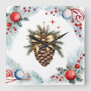Pine Cone Surrounded By Wreath And Ornaments Square Wall Clock