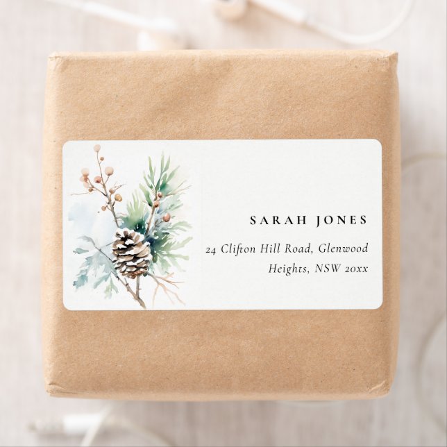 Pine Cone Watercolor Winter Berries Address (Insitu)