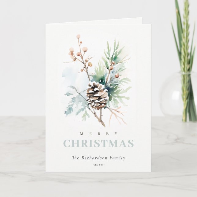 Pine Cone Watercolor Winter Berries Christmas Holiday Card (Front)