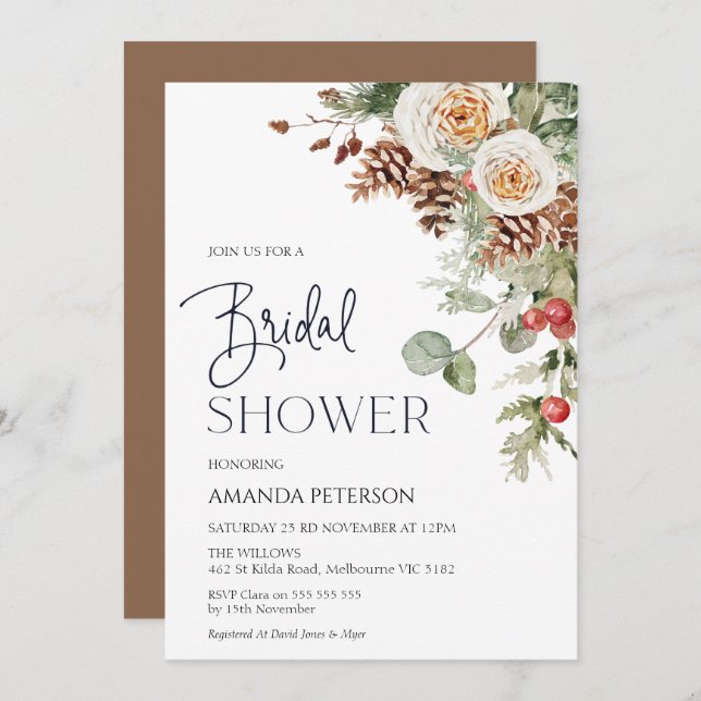 Pine Cone Winter Floral Bridal Shower Invitation (Front/Back)