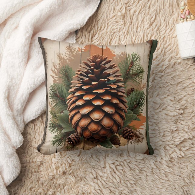 Pine cone with foliage and wood accents cushion (Blanket)