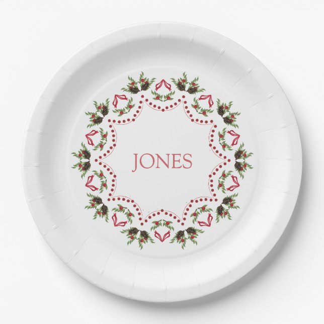 Pine cones and berries holiday paper plates (Front)