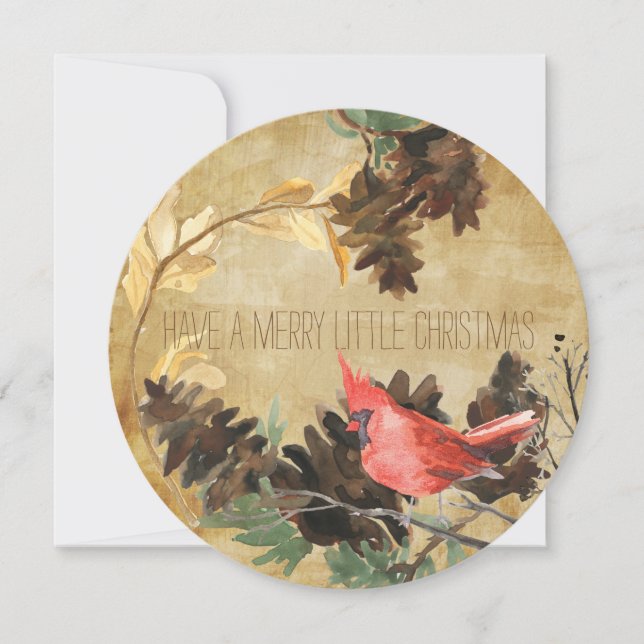 Pine Cones and Birds Textured Round Holiday Card (Front)