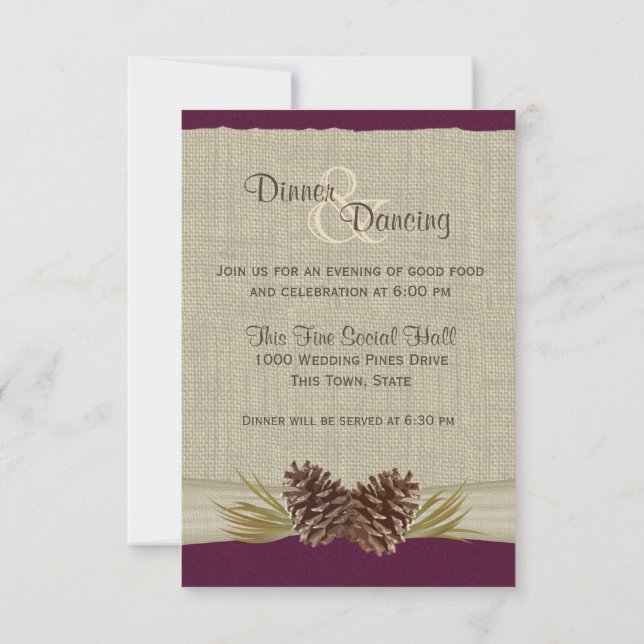 Pine Cones and Burlap Plum Reception Invitation (Back)