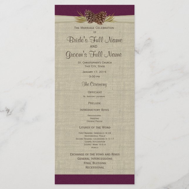 Pine Cones and Burlap Plum Wedding Program (Front)