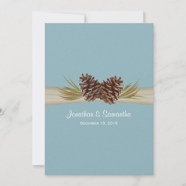 Pine Cones and Burlap Winter Blue Wedding Invitation (Front)