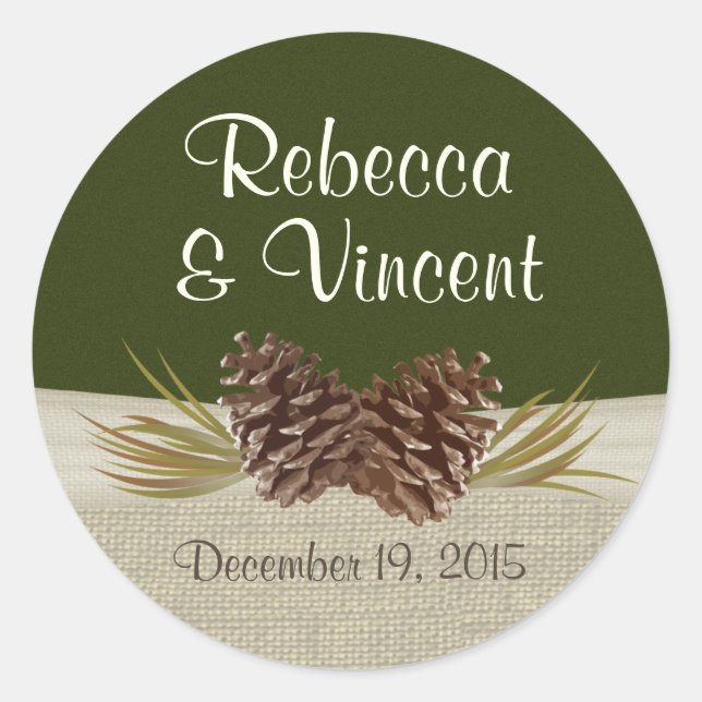 Pine Cones and Burlap Woodland Green Classic Round Sticker (Front)