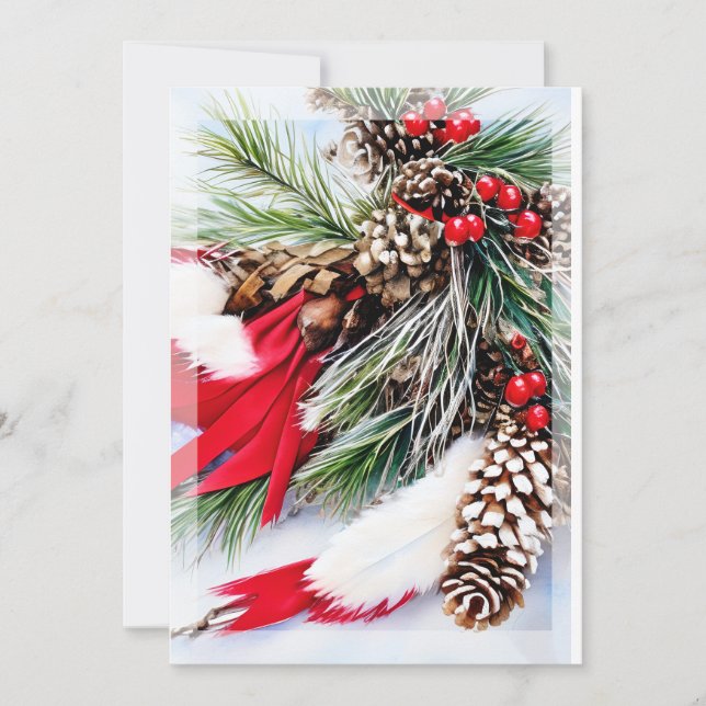 Pine cones and feathers budget Christmas Holiday Card (Front)