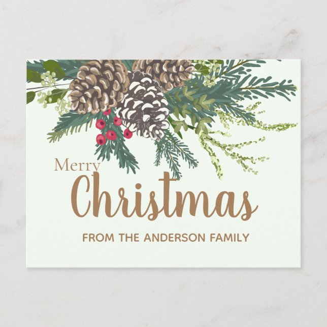 Pine cones and greenery Christmas Holiday Postcard (Front)