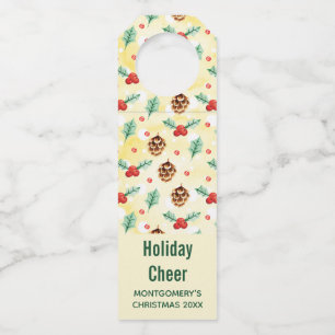 Pine Cones and Holly Christmas Pattern Bottle Tag
