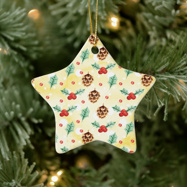 Pine Cones and Holly Christmas Pattern Ceramic Ornament (Tree)