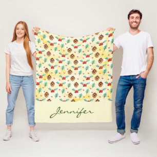 Pine Cones and Holly Christmas Pattern Fleece Blanket