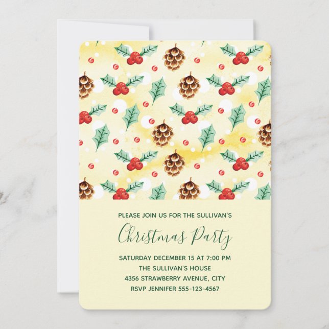 Pine Cones and Holly Christmas Pattern Invitation (Front)
