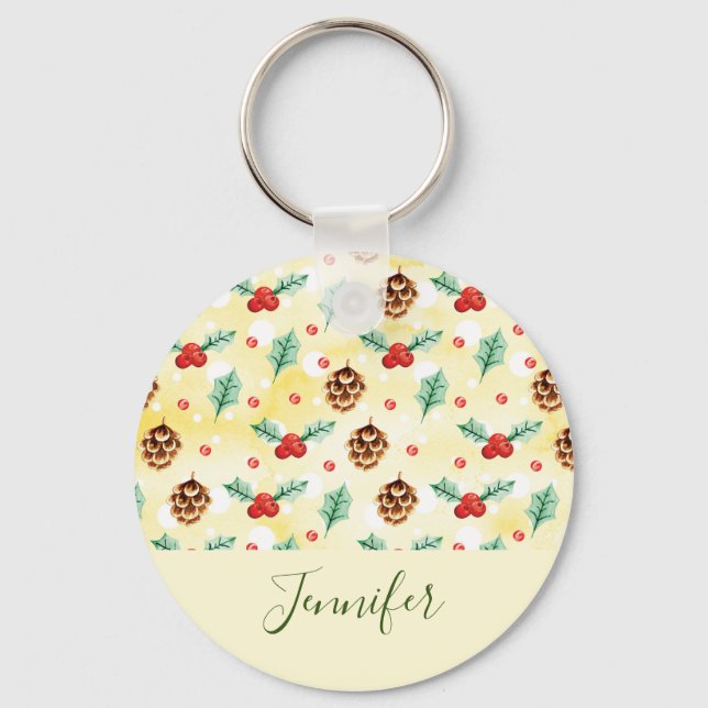 Pine Cones and Holly Christmas Pattern Key Ring (Front)