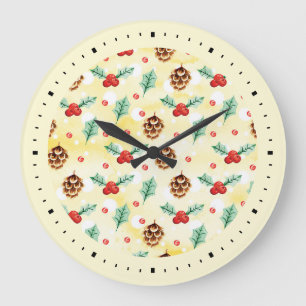 Pine Cones and Holly Christmas Pattern Large Clock