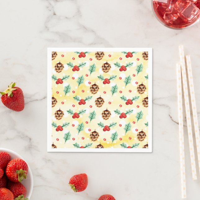 Pine Cones and Holly Christmas Pattern Napkin (Insitu)