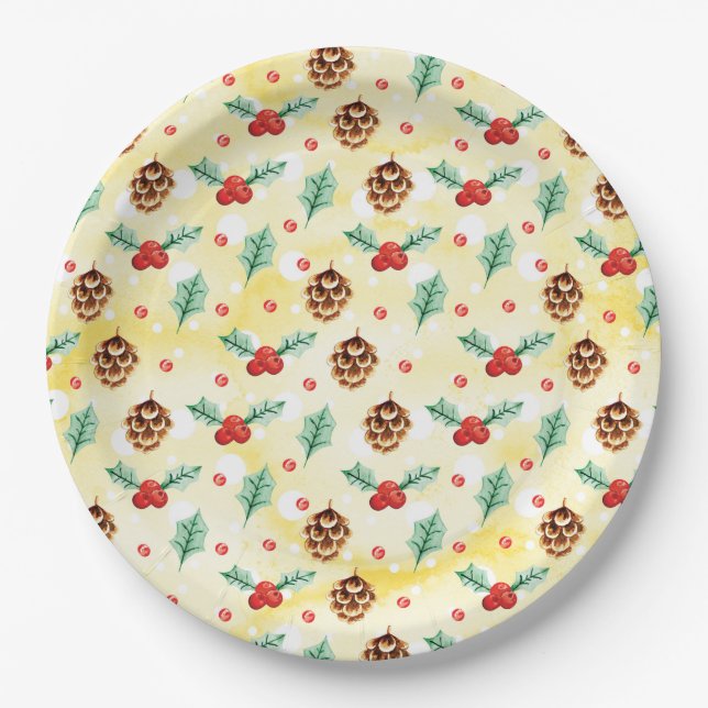 Pine Cones and Holly Christmas Pattern Paper Plate (Front)