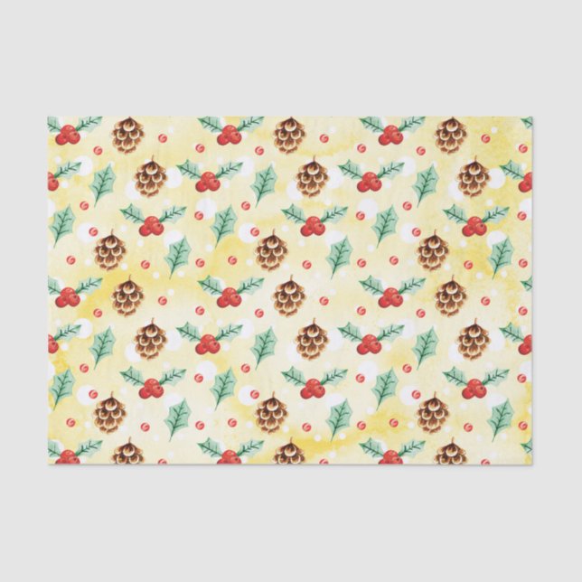 Pine Cones and Holly Christmas Pattern Tissue Paper (Front)