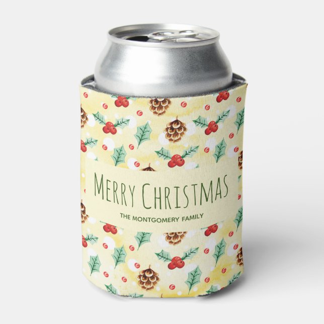Pine Cones and Holly Pattern Merry Christmas Can Cooler (Can Front)