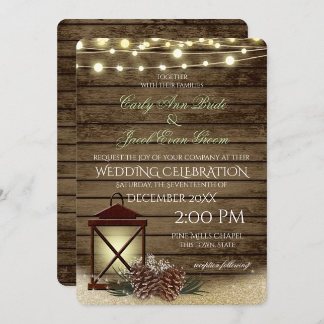 Pine Cones and Lantern Rustic Barnwood Lights Invitation (Front/Back)