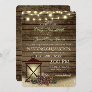 Pine Cones and Lantern Rustic Barnwood Lights Invitation
