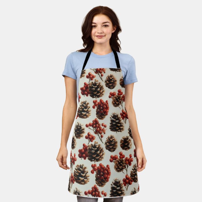Pine Cones and Red Berries Winter Pattern Apron (Worn)