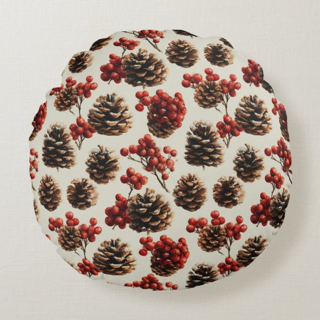 Pine Cones and Red Berries Winter Pattern Round Cushion (Front)