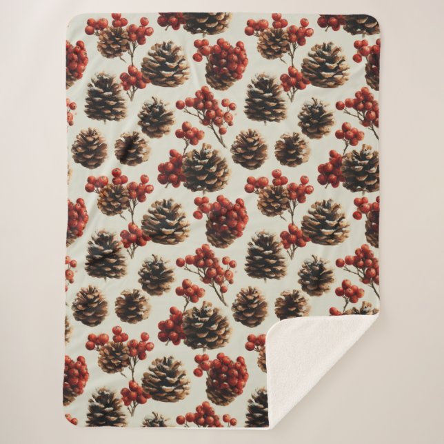 Pine Cones and Red Berries Winter Pattern Sherpa Blanket (Front)