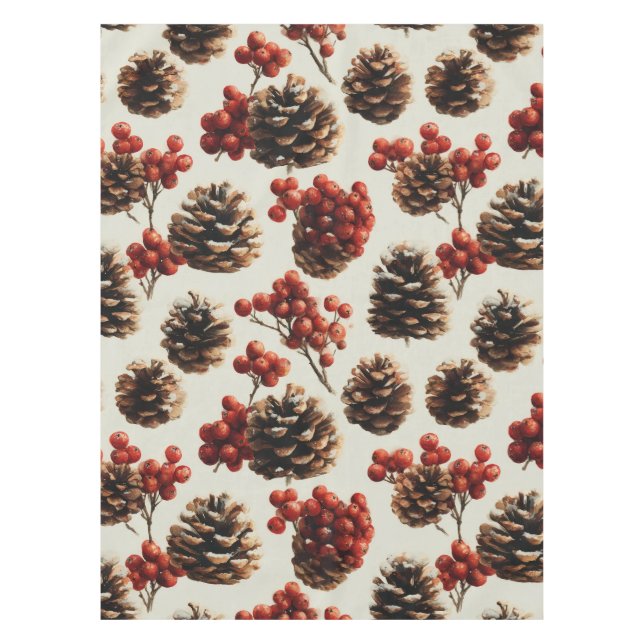 Pine Cones and Red Berries Winter Pattern Tablecloth (Front)