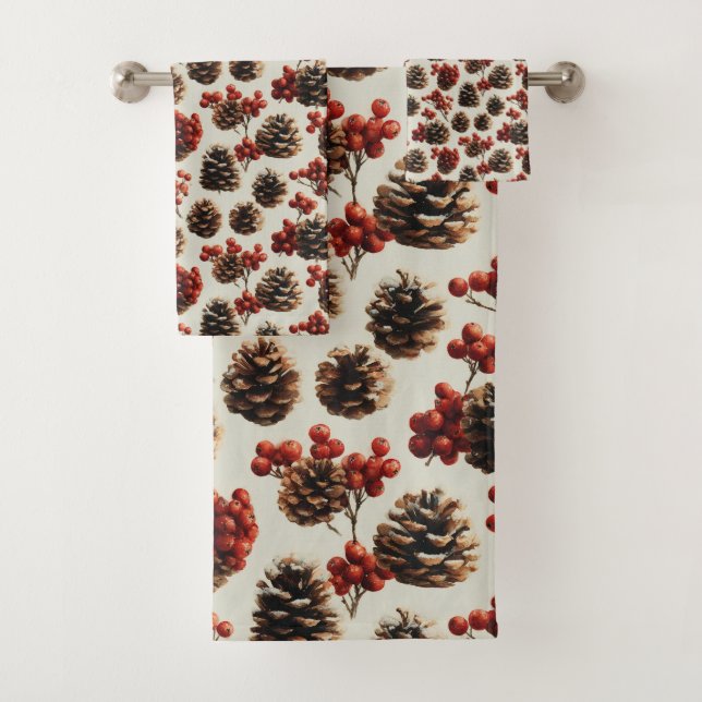 Pine Cones and Red Berries Winter Pattern Towel (Insitu)