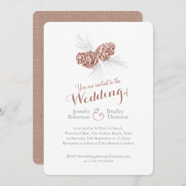 Pine cones art brown grey winter wedding invites (Front/Back)