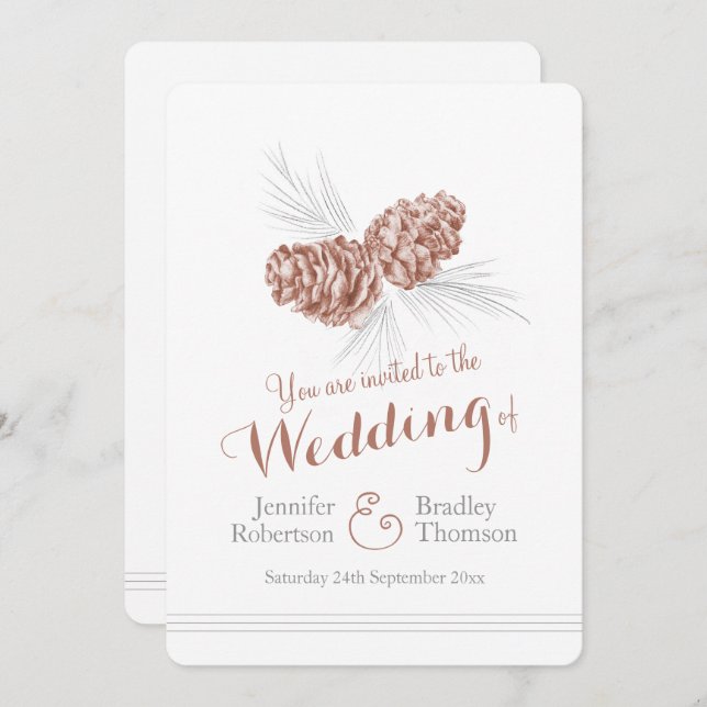 Pine cones art brown winter wedding invitations (Front/Back)