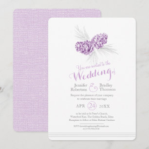 Pine cones art drawing purple grey wedding invitation