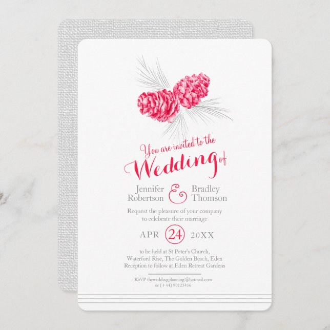 Pine cones art drawing red grey wedding invitation (Front/Back)