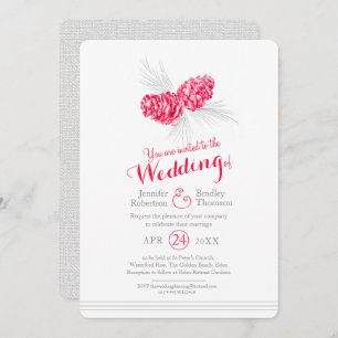 Pine cones art drawing red grey wedding invitation