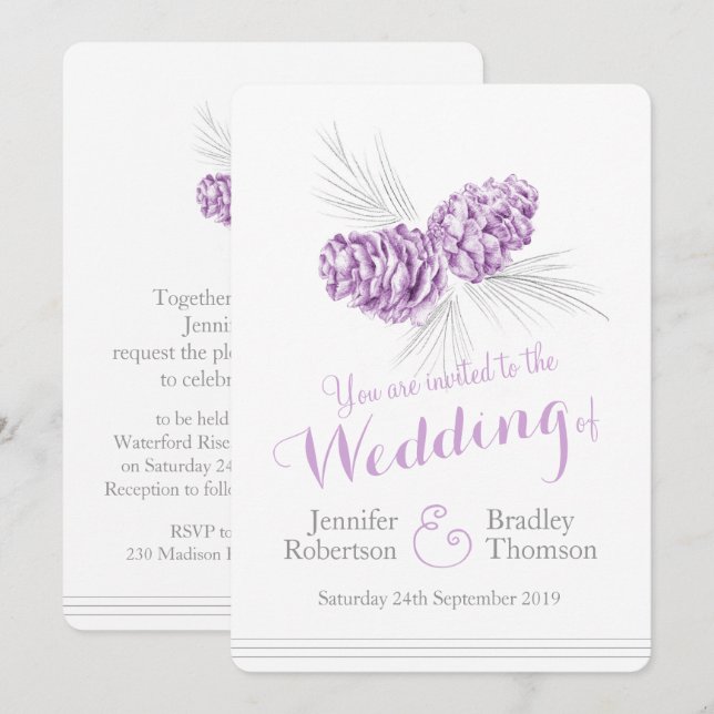 Pine cones art purple grey wedding invitations (Front/Back)