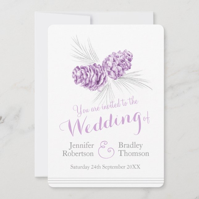Pine cones art purple grey wedding invitations (Front)